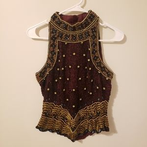 Vintage Papell Boutique Evening Beaded Silk Floral Top. Plum Color Size Medium.